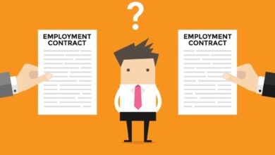 A person standing in between two types of employment contract