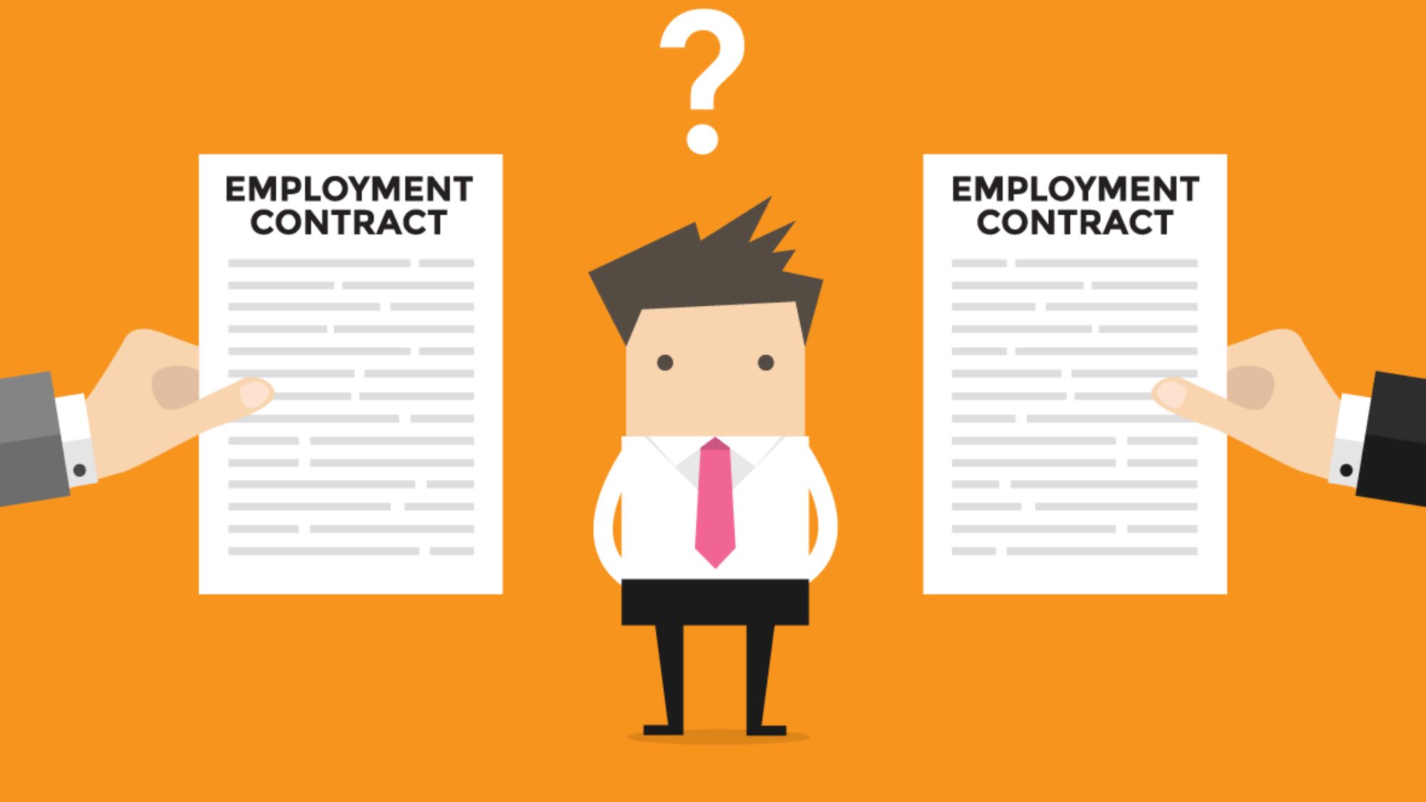 A person standing in between two types of employment contract