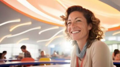 A woman smiling in front of a vibrant ceiling cultivating a positive work